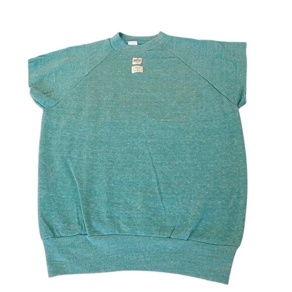 Vintage 1970s 1980s Healthknit USA Made XL TEAL Short Sleeve MUSCLE Sweatshirt - Picture 2 of 16